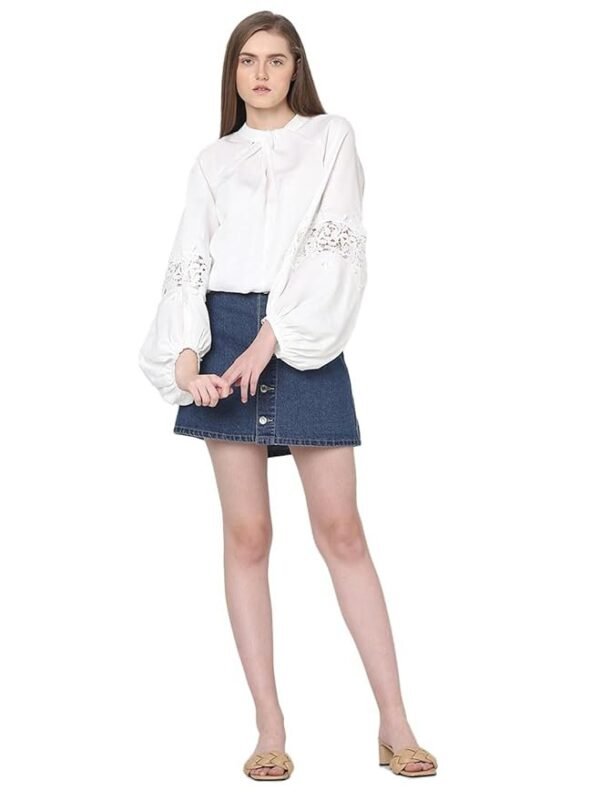 VERO MODA Tie-Up Neck Puff Sleeves Gathered Lace Detail Top - Image 3