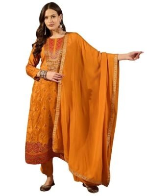 Vaamsi Women's Mustard Silk Ikat Straight Woven Kurta Pant With Dupatta Set | Straight Kurta Set For Women | Woven Salwar Suit For Women