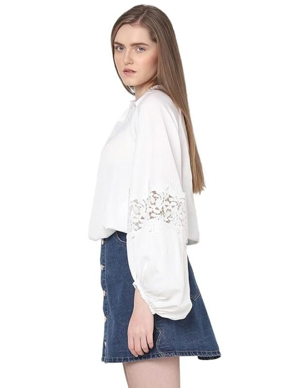 VERO MODA Tie-Up Neck Puff Sleeves Gathered Lace Detail Top - Image 5
