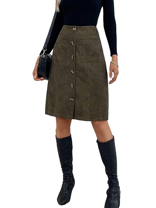 Women's High Waist Button Front Corduroy Midi Skirt Casual Skirts