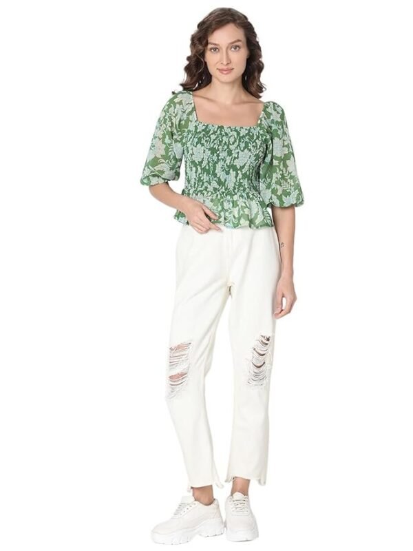 VERO MODA Floral Printed Puff Sleeve Cinched Waist Crop Top - Image 4
