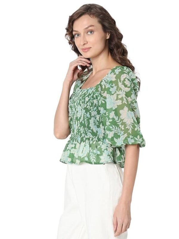 VERO MODA Floral Printed Puff Sleeve Cinched Waist Crop Top - Image 6