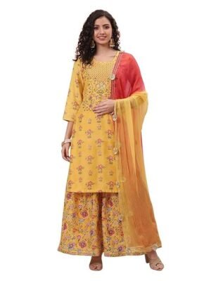 Rangriti Women Polyester Printed Yellow Suit Set