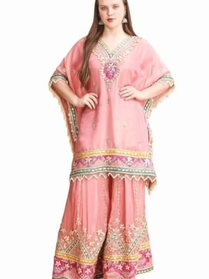 Traditional Embroidered Kaftan Palazzo Set, Pink, V-Neck with Fringe Details, Floral Embellished