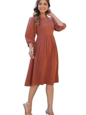 Women's Rust Orange Pure Cotton Solid Fit & Flare Dress