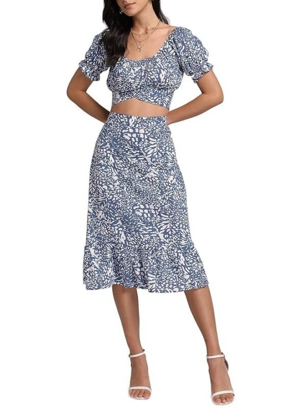 Women's 2 Piece Outfits Floral Self Tie Knot Crop Top and Midi Skirt Set, 2#blue, Small - Image 5
