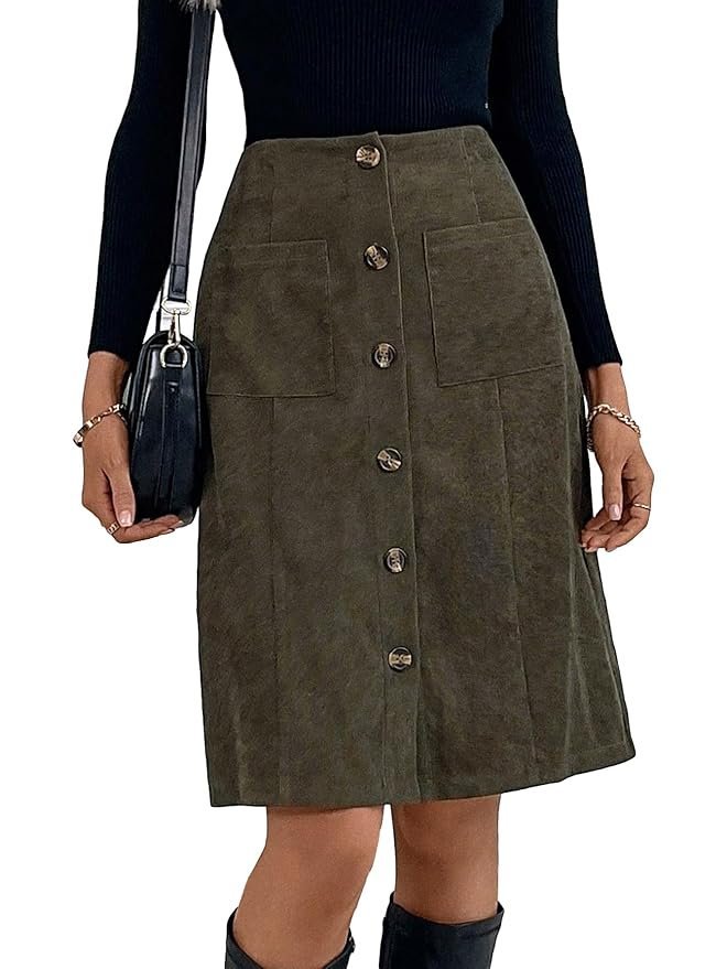 Women's High Waist Button Front Corduroy Midi Skirt Casual Skirts - Image 4