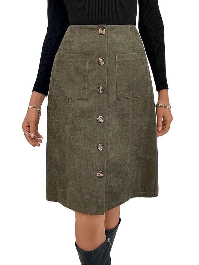 Women's High Waist Button Front Corduroy Midi Skirt Casual Skirts - Image 3