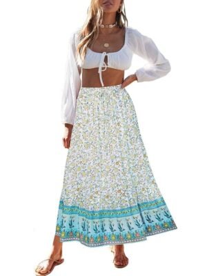 Women's 2023 Bohemian Floral Printed Elastic Waist A Line Maxi Skirt with Pockets, Lake Blue, Small