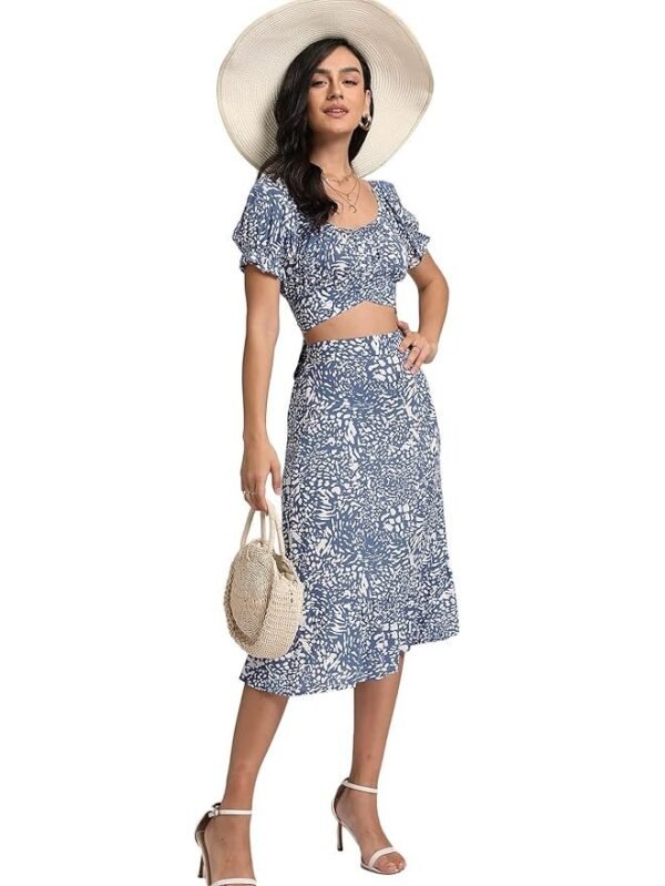 Women's 2 Piece Outfits Floral Self Tie Knot Crop Top and Midi Skirt Set, 2#blue, Small - Image 2