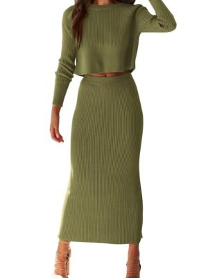 Women's Fall 2 Piece Sweater Set Rib Knit Long Sleeve Crop Top Maxi Bodycon Skirt Casual Winter Outfits