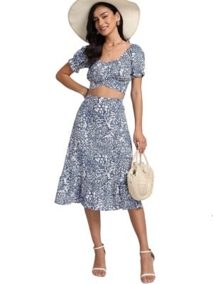 Women's 2 Piece Outfits Floral Self Tie Knot Crop Top and Midi Skirt Set, 2#blue, Small