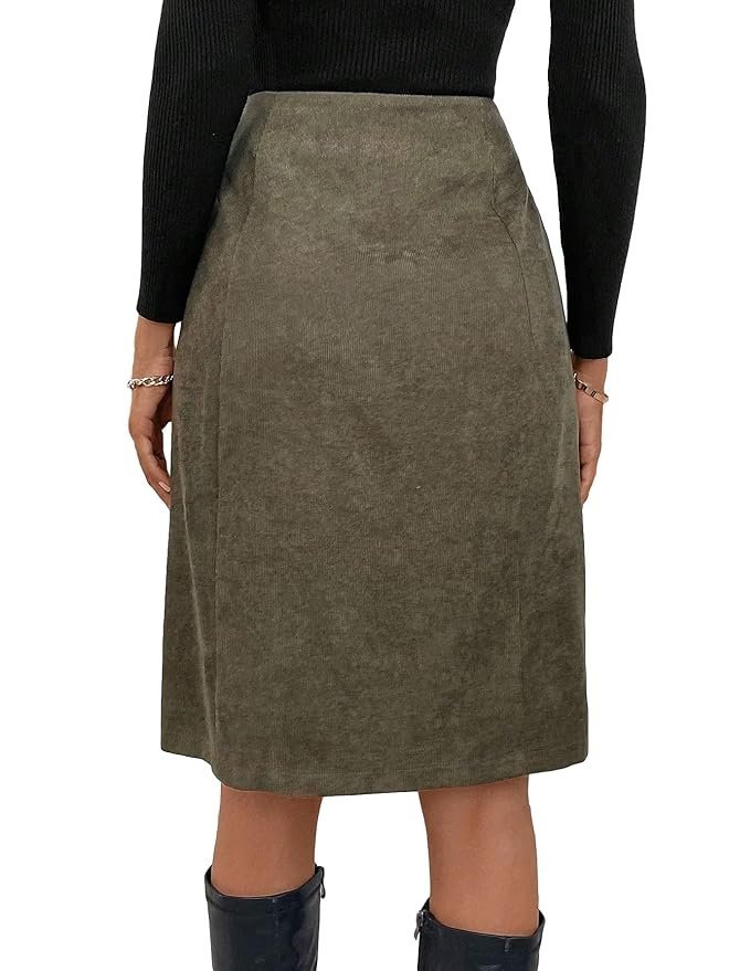 Women's High Waist Button Front Corduroy Midi Skirt Casual Skirts - Image 6