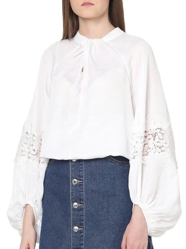 VERO MODA Tie-Up Neck Puff Sleeves Gathered Lace Detail Top - Image 2