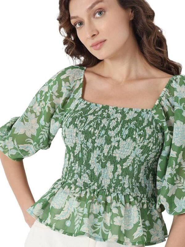 VERO MODA Floral Printed Puff Sleeve Cinched Waist Crop Top - Image 3