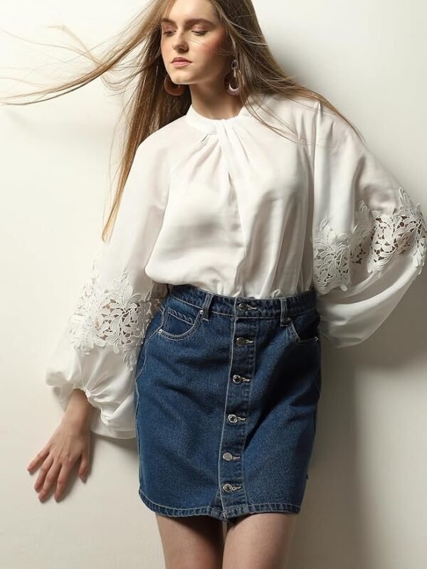 VERO MODA Tie-Up Neck Puff Sleeves Gathered Lace Detail Top - Image 6