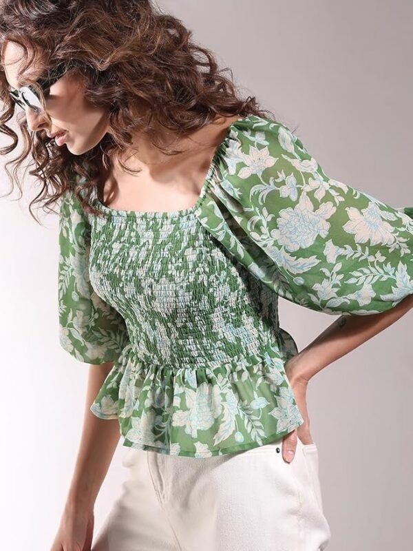 VERO MODA Floral Printed Puff Sleeve Cinched Waist Crop Top - Image 7