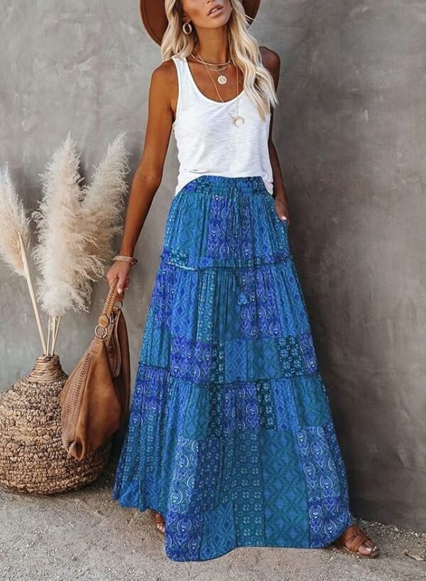 Womens Casual High Waist Tiered Paisley Print Long Maxi Skirt with Pockets, Blue, X-Large - Image 2