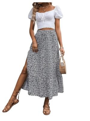 Rocks Women's Casual High Waist Floral Print Skirt Split Thigh A Line Maxi Skirts